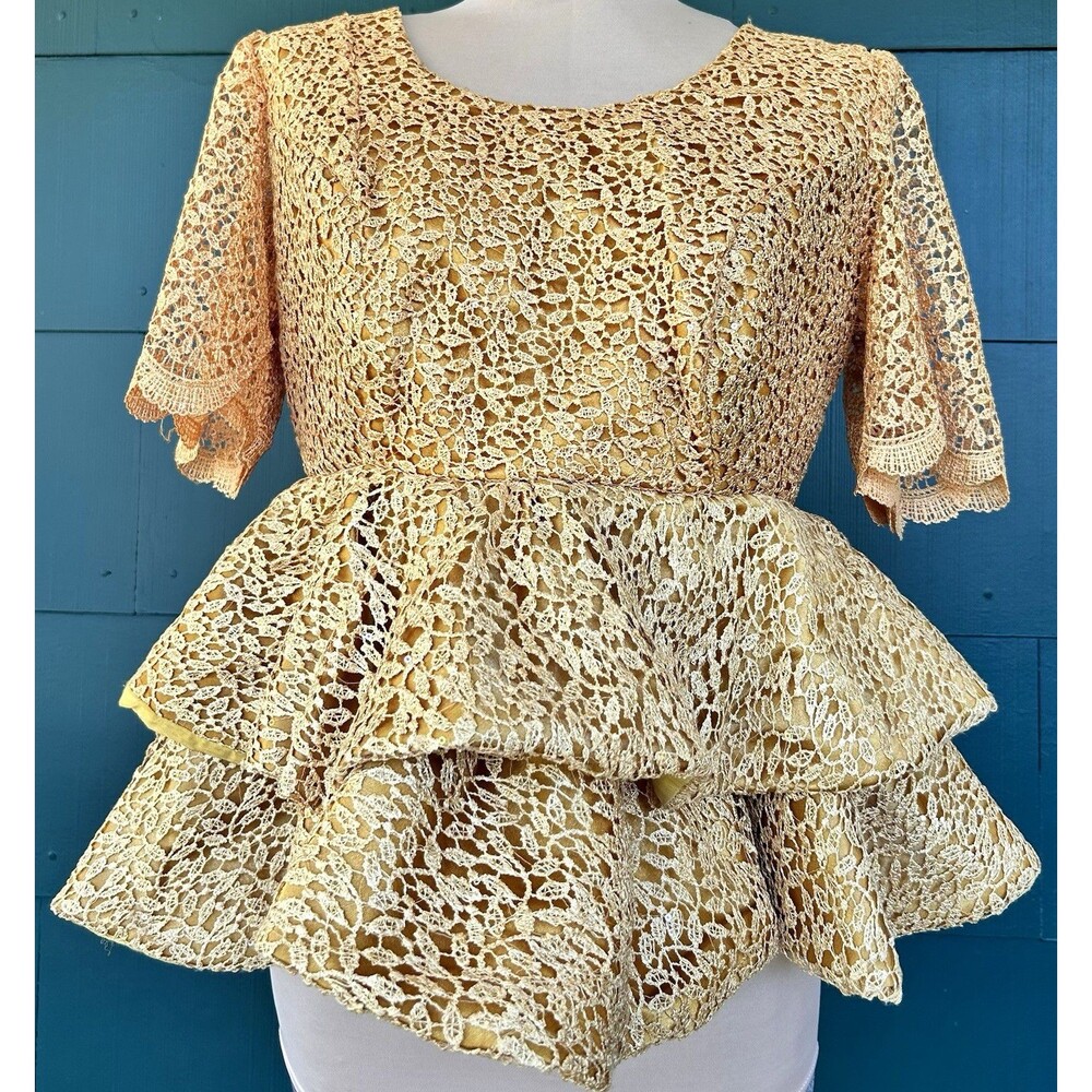Vintage 70s Marigold Yellow Lace Peplum Blouse Top Tiered Ruffle Metallic Small